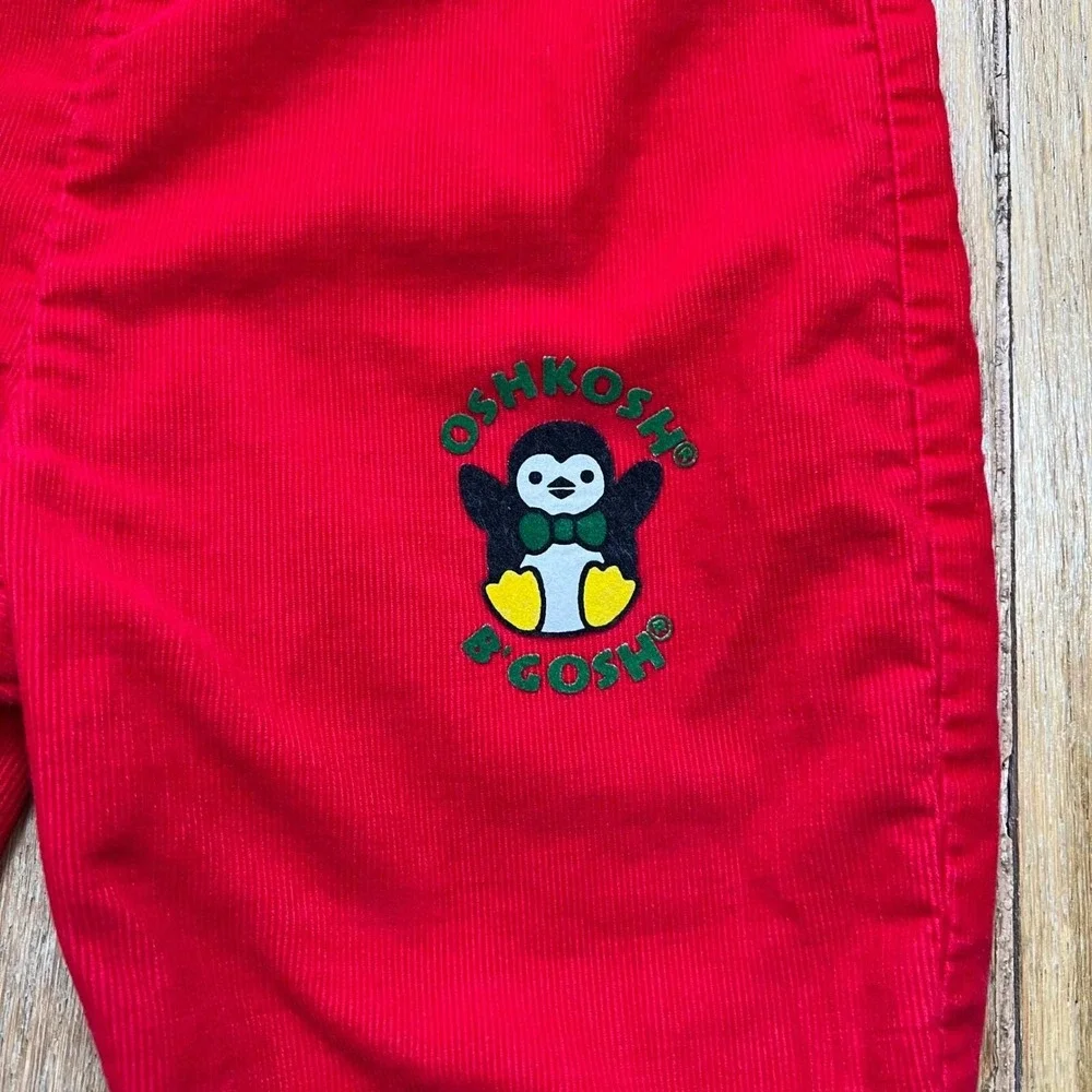 Rare 80s Vintage OshKosh B'gosh Red Corduroy Overalls Penguin Baby Size 12 Month